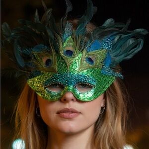 Peacock-Inspired Green Feather Mardi Gras mask